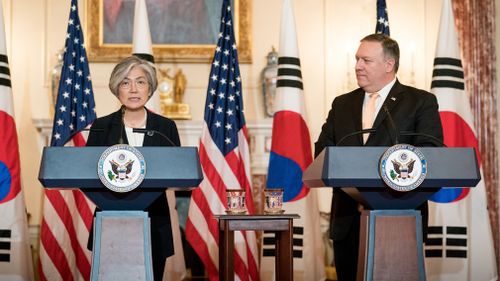 US President Donald Trump is set to meet with North Korean leader Kim Jong Un next month in Singapore, US Secretary of State Mike Pompeo and South Korean Foreign Minister Kang Kyung-wha announced in a joint press conference. (EPA)