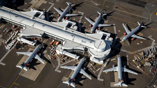 Jetstar planes at Sydney Domestic Airport on April 22. Restrictions were placed on all non-essential business and strict social distancing rules are in place across Australia in response to the COVID-19 pandemic.