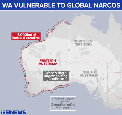 Map showing the vast coastal borders of Western Australia.