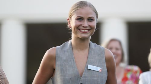 2021 Australian of the Year Grace Tame during the 2022 Australian of the Year awards reception at Government House in Canberra on Monday 24 January 2022. fedpol Photo: Alex Ellinghausen