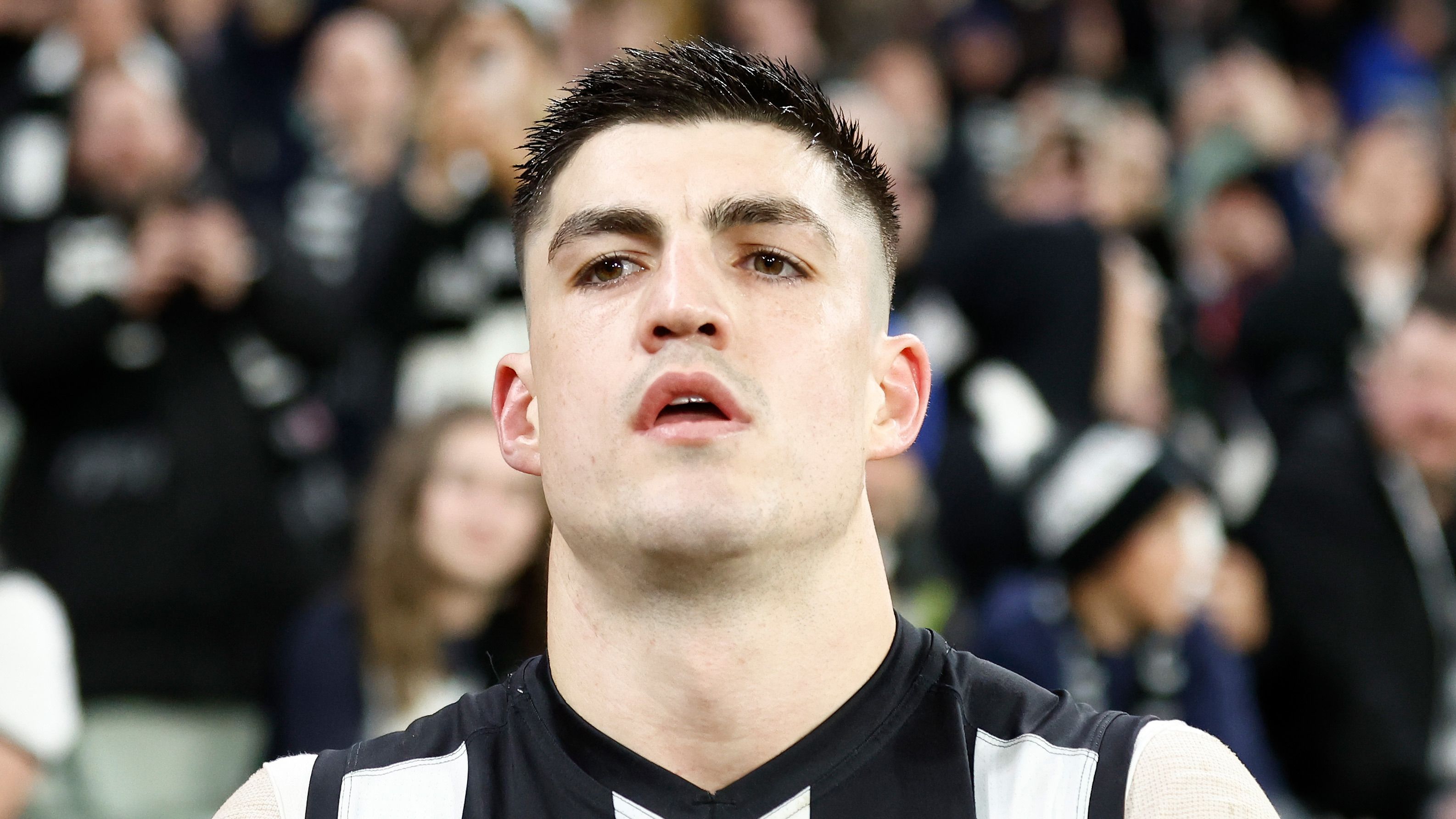 MELBOURNE, AUSTRALIA - SEPTEMBER 07: Brayden Maynard of the Magpies looks on during the 2023 AFL First Qualifying Final match between the Collingwood Magpies and the Melbourne Demons at Melbourne Cricket Ground on September 07, 2023 in Melbourne, Australia. (Photo by Michael Willson/AFL Photos via Getty Images)