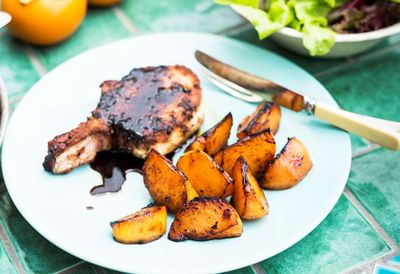 Poh's spiced pork cutlets with charred persimmons