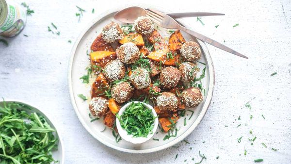 Moroccan style meatless meatballs with spiced roasted pumpkin ingredients