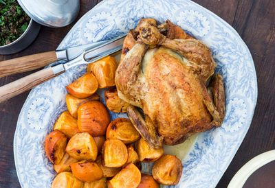 Roast chicken with persimmons and puy lentils