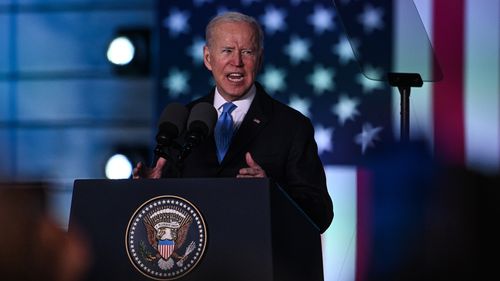 US President, Joe Biden delivers a speech at the Royal Castle in Warsaw, Poland.