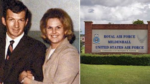 Paul Meyer and his wife known today as Mary Ann Jane Goodson. Right: the Mildenhall air base in eastern England where Meyer was based. 