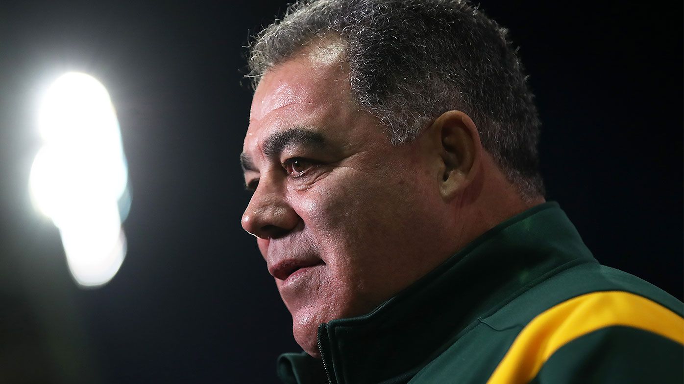 Kangaroos coach Mal Meninga speaks to reporters during the Rugby League World Cup