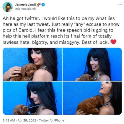 Actress Jameela Jamil quits Twitter after platform purchased by Elon Musk.