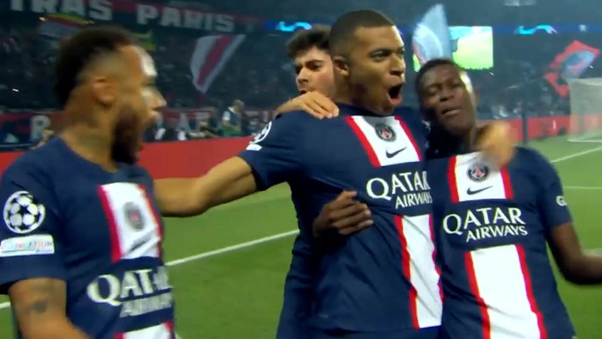 Kylian Mbappe celebrates his goal with Neymar on the left.