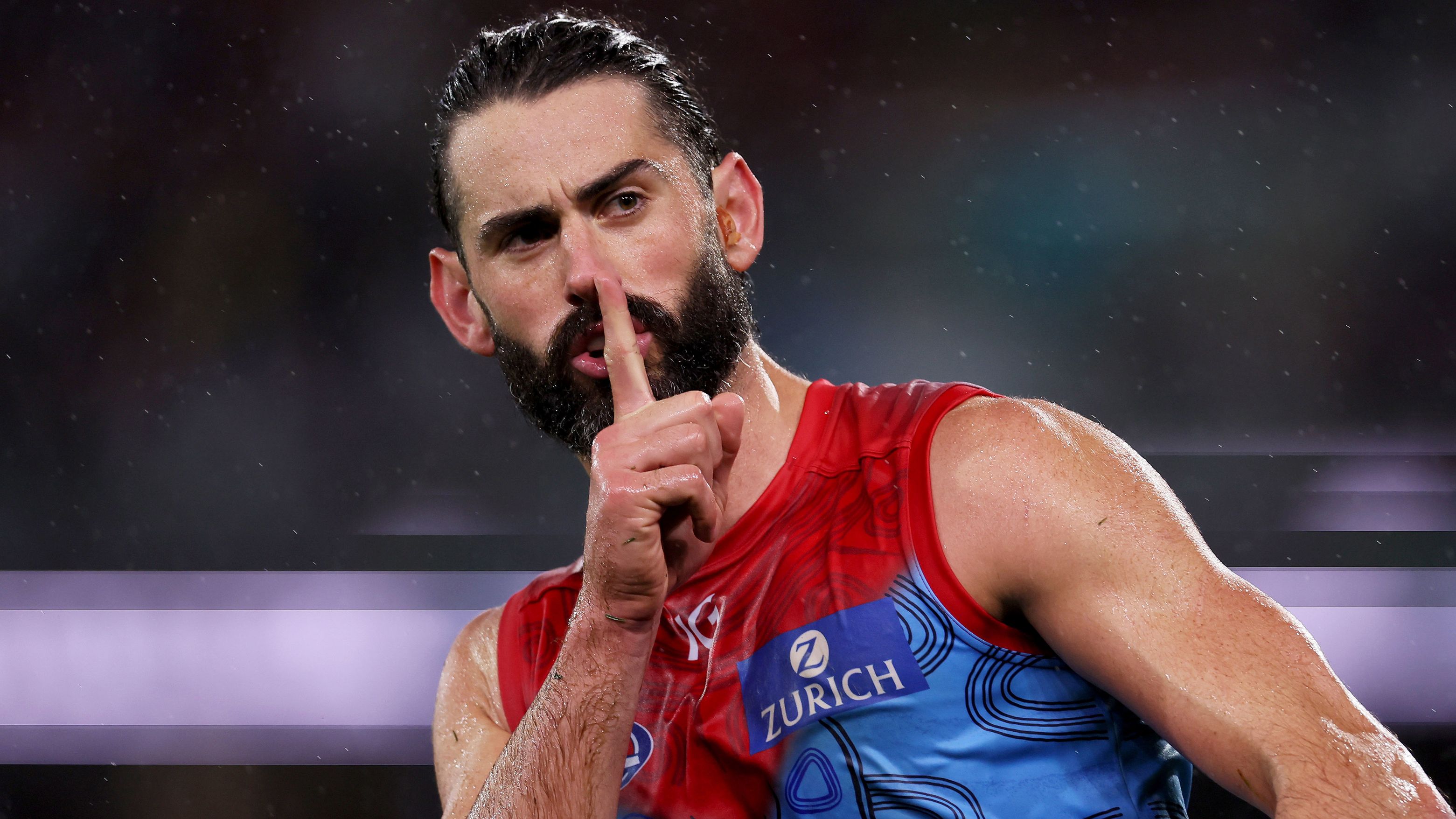 ADELAIDE, AUSTRALIA - MAY 19: Brodie Grundy of the Demons celebrates a goal during the 2023 AFL Round 10 match between Yartapuulti/Port Adelaide Power and Narrm/Melbourne Demons at Adelaide Oval on May 19, 2023 in Adelaide, Australia. (Photo by James Elsby/AFL Photos)