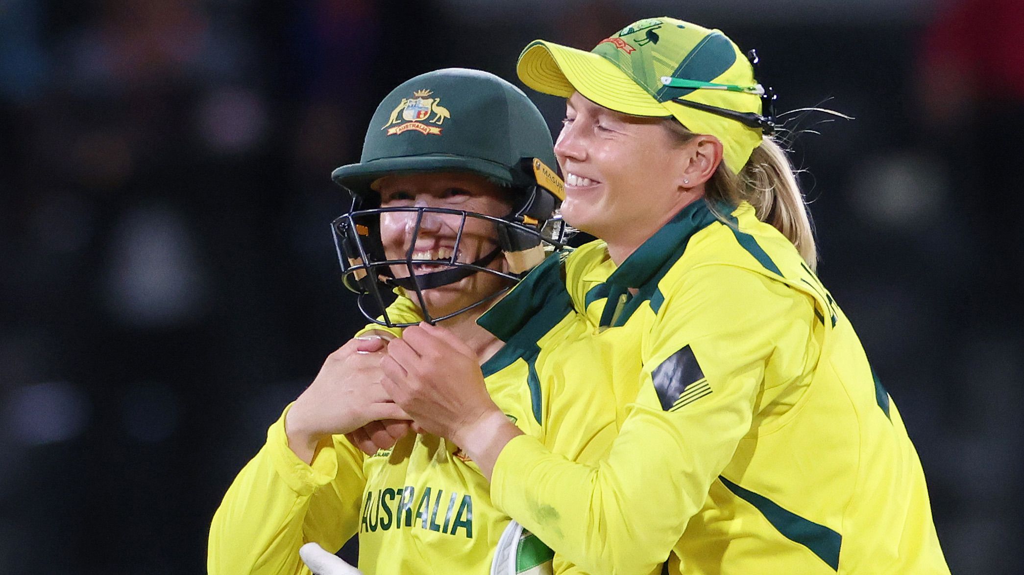 Alyssa Healy and Meg Lanning celebrate Australia&#x27;s victory in the 2022 ICC Women&#x27;s Cricket World Cup final.