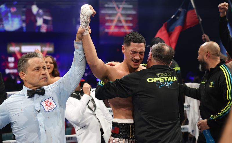 Jai Opetaia celebrates winning the IBF cruiserweight title against Mairis Briedis at Gold Coast Convention and Exhibition Centre.
