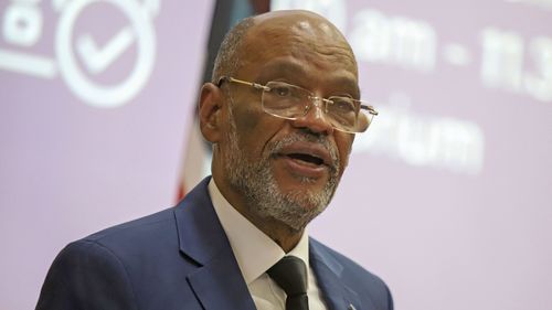 Haiti's Prime Minister Ariel Henry gives a public lecture at the United States International University (USIU) in Nairobi, Kenya, Friday March. 1, 2024. 