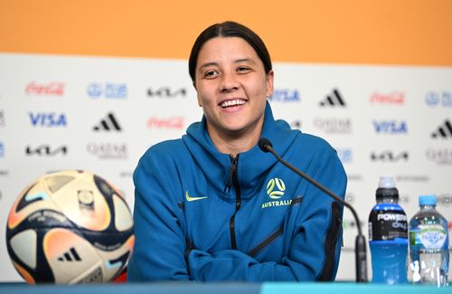 BRISBANE, AUSTRALIA - AUGUST 18: Sam Kerr of Australia speaks during an Australia Matildas press conference during the FIFA Women's World Cup Australia & New Zealand 2023 at Brisbane Stadium on August 18, 2023 in Brisbane, Australia. (Photo by Justin Setterfield/Getty Images)