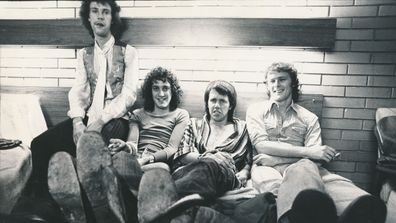 Sherbet, 1976: [L-R] Harvey James, Tony Mitchell, Daryl Braithwaite, Garth Porter, in the motel room after their performance in Colac, Victoria. Fairfax Media