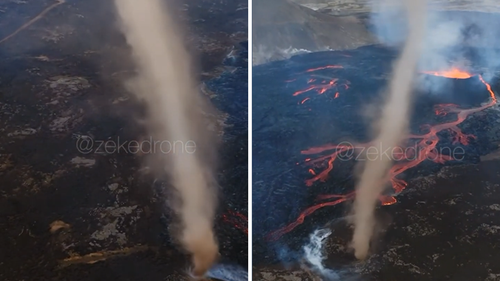 A tornado was captured swirling above the volcano's eruption site. 