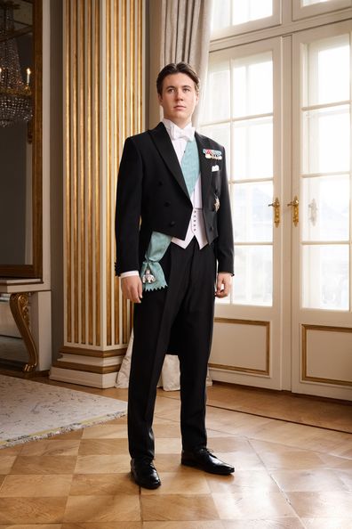 Prince Christian of Denmark in an official portrait to celebrate his 18th birthday, Sunday October 15 2023 inside Frederik VIII's Palace at Amalienborg in Copenhagen.
