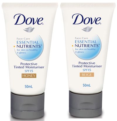 <a href="https://www.priceline.com.au/dove-essential-nutrients-tinted-moisturiser-beige-spf15-50-ml" target="_blank">Dove Protective Tinted Moisturisers SPF 15, $10.52.</a><br>
Deeply hydrating meaning soft, smooth skin plus it contains a light tint with SPF which leaves skin looking radiant. Best of both worlds if you ask us.<br>