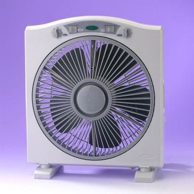 Modern desk cooling fan over white and purple background.