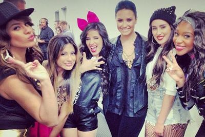 @ddlovato: Me and my girls!!! Who's coming to see me and @fifthharmony on #TheNeonLightsTour?!?!