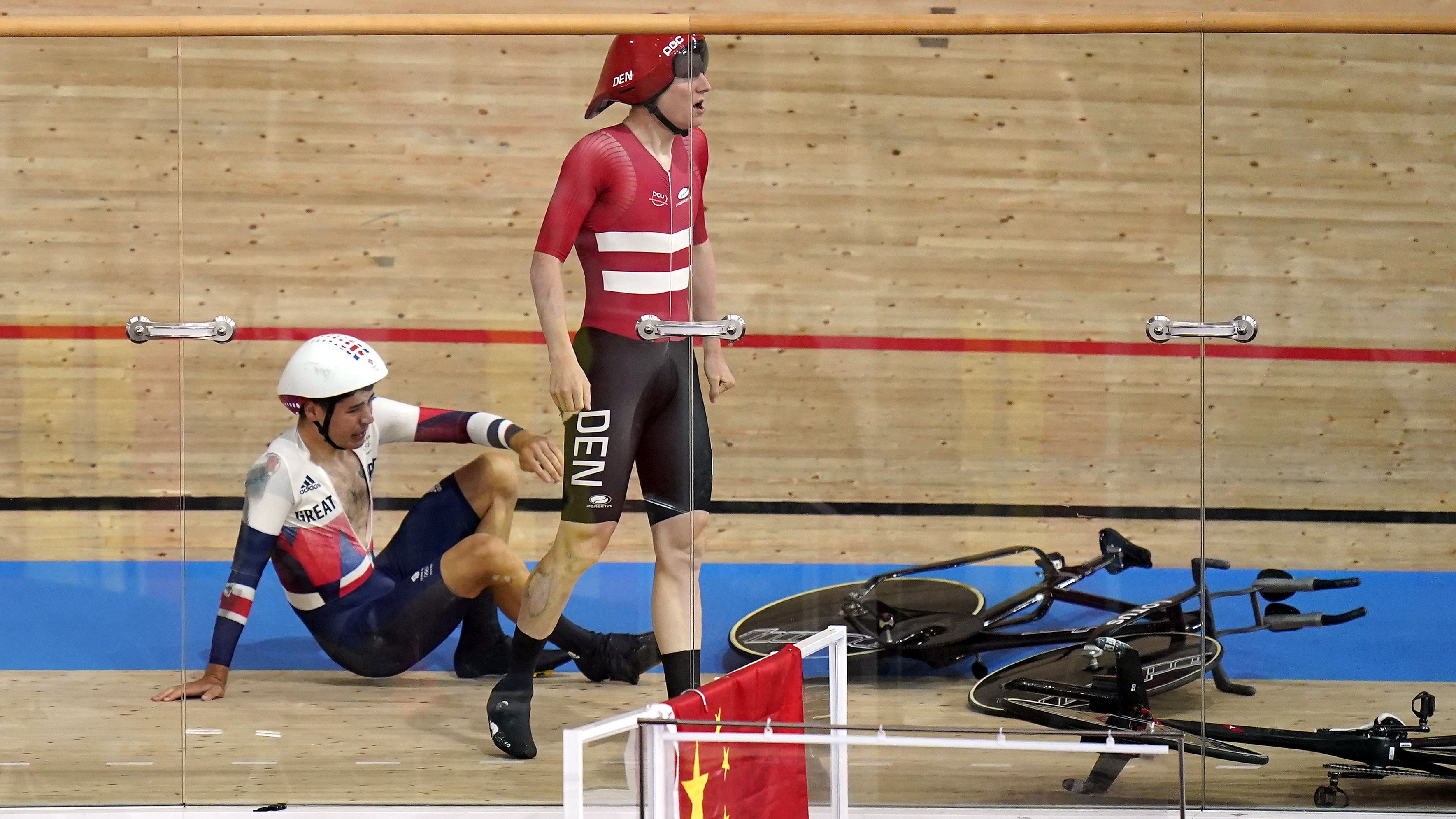 Great Britain&#x27;s Charlie Tanfield and Denmark&#x27;s Frederik Madsen after their crash.