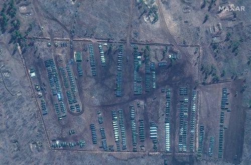 A satellite image provided by Maxar Technologies shows tanks and other military equipment at the Russian military's Pogorovo training area, near Voronezh, Russia on April 10, 2021.
