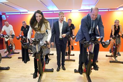 Prince William, Prince of Wales and Catherine, Princess of Wales  take part in a spin class during a visit to Aberavon Leisure and Fitness Centre in Port Talbot, to meet local communities and hear about how sport and exercise can support mental health and wellbeing on February 28, 2023 in Port Talbot, United Kingdom. 
