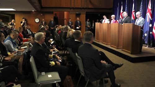 Australian Minister of Defence Marise Payne, Australian Minister for Foreign Affairs Julie Bishop, US Secretary of State Mike Pompeo and US Secretary of Defense James Mattis at the Australia-US Ministerial Consultations (AUSMIN) at Stanford University, California. (AAP)