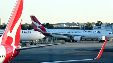 Qantas aircraft are seen on the tarmac at Sydney Airport.