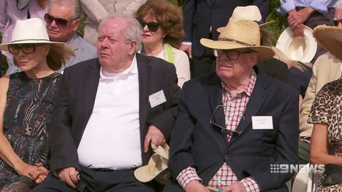 Harold Holt's sons Nick (left) and Sam (right) at this morning's anniversary memorial. (9NEWS)