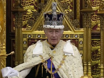 King Charles III pauses during the State Opening of Parliament at the Palace of Westminster in London on Nov. 7, 2023. 