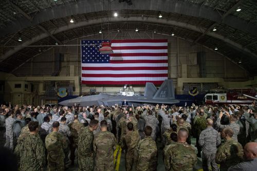 President Donald Trump speaks to US troops astatine Joint Base Elmendorf-Richardson successful Anchorage, Alaska, successful 2019.