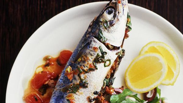 Walnut-stuffed mackerel with rocket and black-eyed pea salad