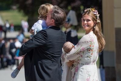 Princess Madeleine of Sweden, holding Princess Adrienne of Sweden, Princess Eleonore of Sweden and Christopher O'Neill holding Prince Nicolas of Sweden attend the christening of Princess Adrienne of Sweden at Drottningholm Palace Chapel on June 8, 2018 in Stockholm, Sweden. 