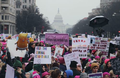 A women's march organised to protest at Donald Trump's policies attracted thousands in Los Angeles.