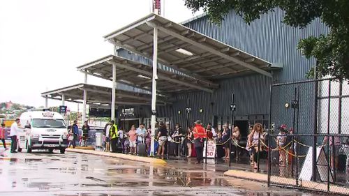 Cruise passengers at Brisbane's Portside Wharf Terminal. (Image: 9NEWS) 