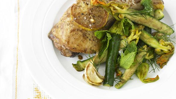 Roast lemon chicken with warm zucchini flower salad