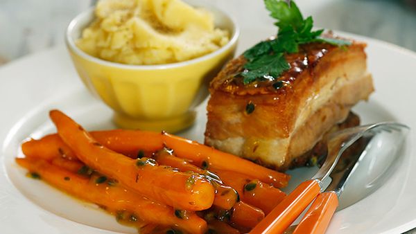 Twice-cooked pork belly with passionfruit carrots