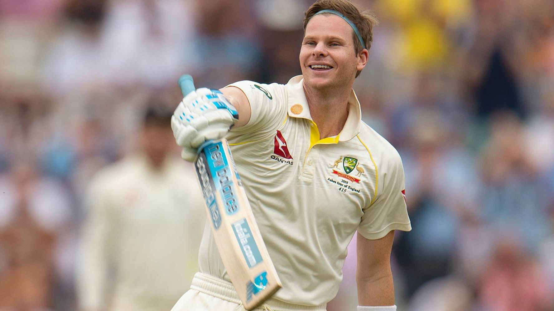 BIRMINGHAM, ENGLAND - AUGUST 04: Steve Smith of Australia celebrates his second century of the match during day four of the First Specsavers Ashes Test Match between England and Australia at Edgbaston on August 04, 2019 in Birmingham, England. (Photo by Visionhaus)