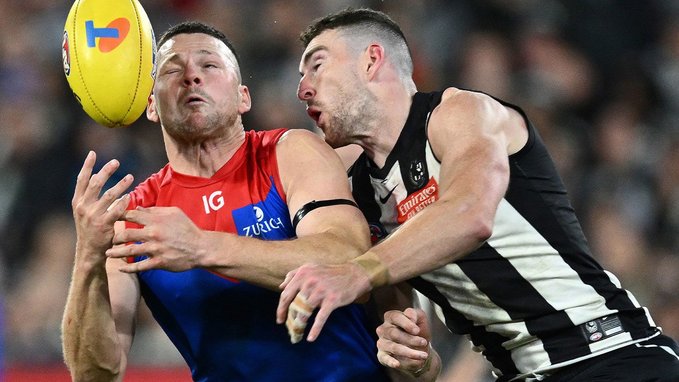 Steven May pictured in action against Collingwood in the 2023 AFL finals series