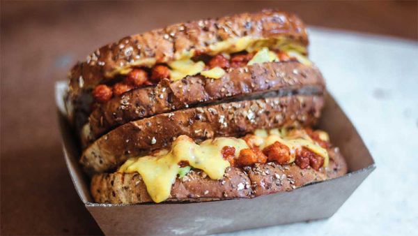 Chilli chickpea melt with vegan cheese sauce by Sam Murphy