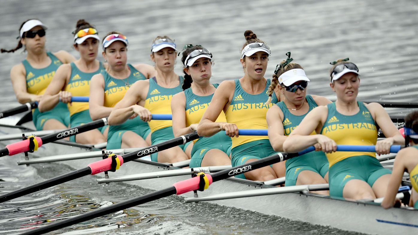 Australia's Fiona Albert,  Jessica Morrison, Alexandra Hagan, Meaghan Volker, Molly Goodman, Olympia Aldersey, Lucy Stephan, Charlotte Sutherland and Sarah Banting row during the Women's Eight. (AFP)