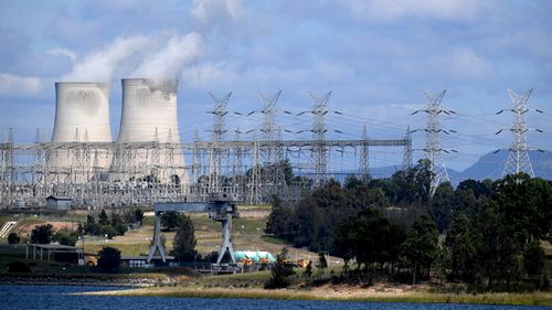 Bayswater coal-fired power station cooling towers and electricity distribution wires in Muswellbrook, in the NSW Hunter Valley region. (AAP)