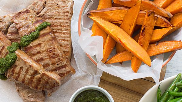 Nadia Lim's chimichurri steak with sweet potato wedges