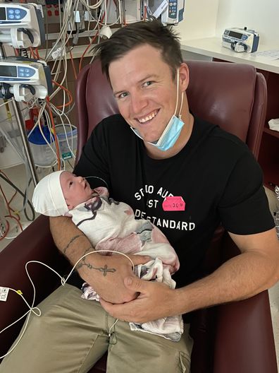 Willow in hospital with dad Michael.