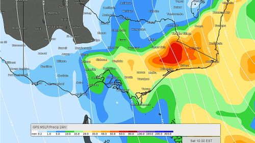 Between 50mm and 100mm of rain is predicted to fall over the east Gippsland region on Saturday and into Sunday. Picture: Weatherzone.