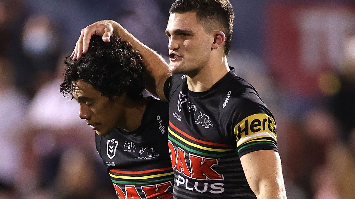 Nathan Cleary of the Panthers and Jarome Luai of the Panthers celebrate after winning the NRL Qualifying Final match between the Penrith Panthers and the Sydney Roosters at Panthers Stadium on October 02, 2020 in Sydney, Australia. (Photo by Cameron Spencer/Getty Images)