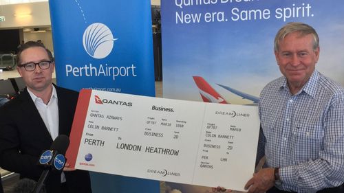 WA Premier Colin Barnett  and Qantas CEO Alan Joyce at Perth Airport on Sunday, Dec. 11, 2016 announcing the Qantas non-stop flights on its new 787-9 Dreamliner aircraft between Perth and London from March 2018.