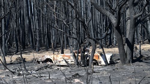 A burnt-out car on Kangaroo Island.