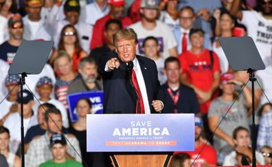Donald J. Trump delivered a pro-vaccine speech at a major rally hosted by the Alabama Republican Party. (Photo by Peter Zay/Anadolu Agency via Getty Images)